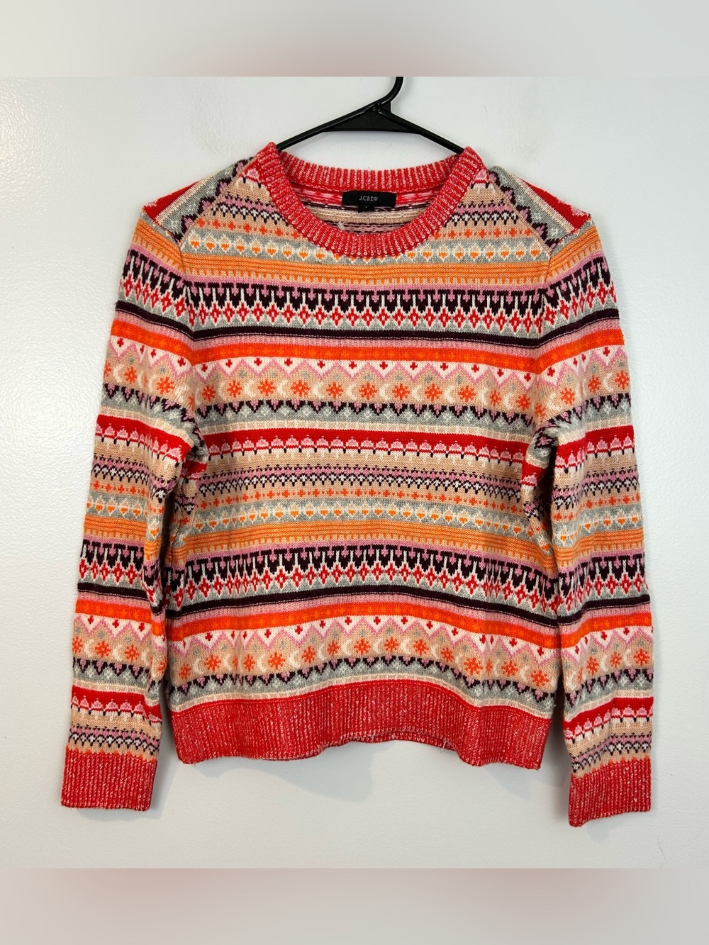NWT J. Crew Wool Blend Bright Cerise Peony Faire Isle Wool Blend Sweater Small